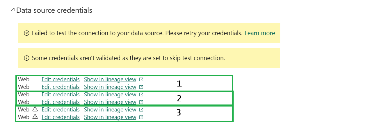 Screenshot showing the data source credentials section of the template in the Power BI service.
