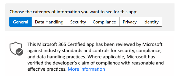 View the Microsoft 365 certification information in the detailed help article about security and compliance of an app