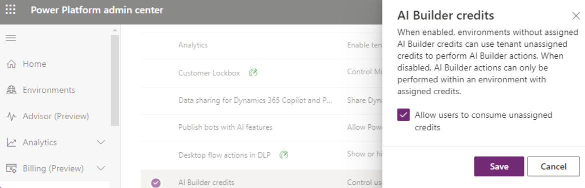 Екранна снимка на опцията за разрешаване на потребителите да използват неприсвоени кредити в Power Platform центъра за администриране.