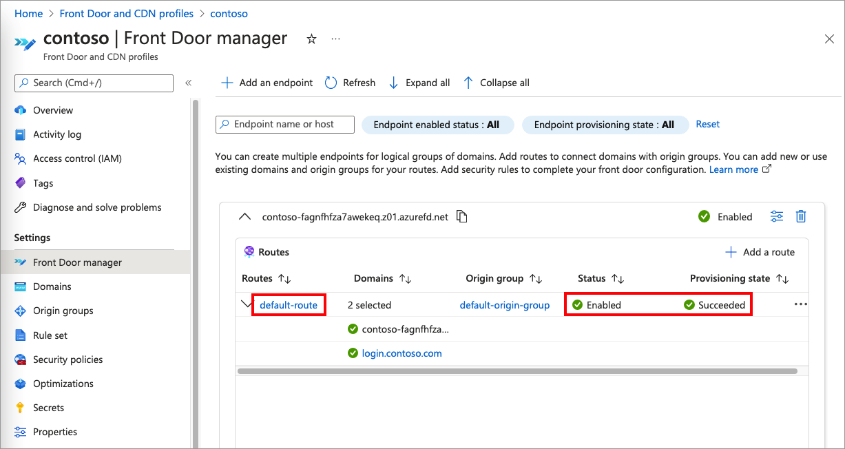 Screenshot of the Front Door manager page from the Azure portal with the default route, Status and Provisioning state items highlighted.