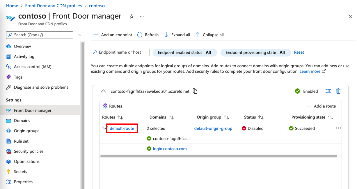 Screenshot of the Front Door manager page from the Azure portal with the default route highlighted.