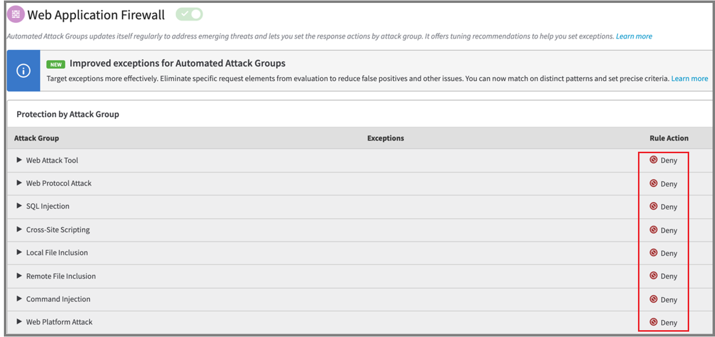 Screenshot of denied attack groups, in the Rule Action column.