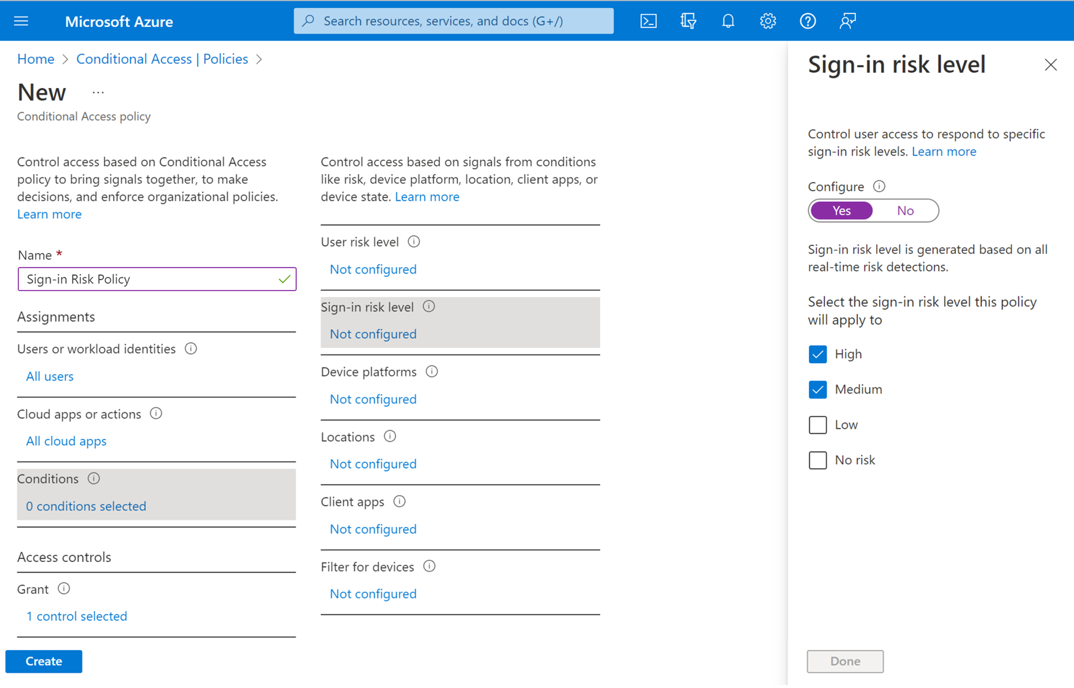 Screenshot of a sign-in risk-based Conditional Access policy.