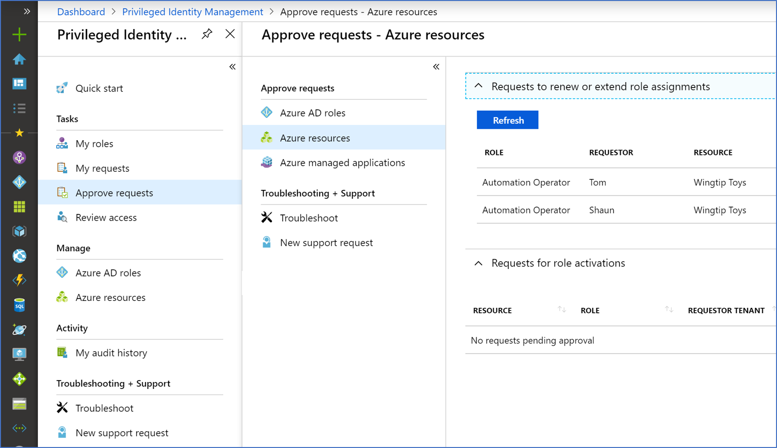 Screenshot of the Approve requests - Azure resources page showing request to review.