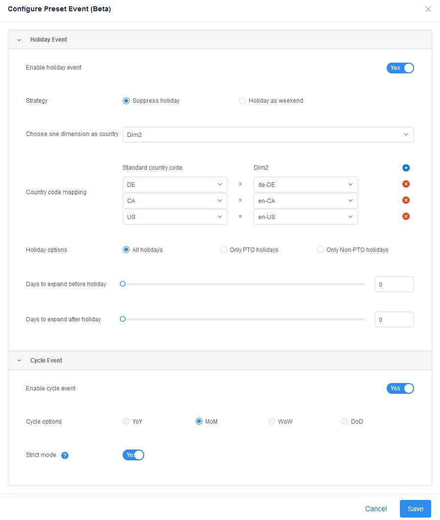 preset event configuration