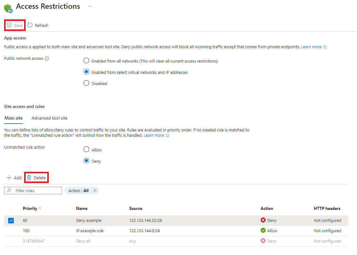 Screenshot of the 'Access Restrictions' page, showing the 'Remove' ellipsis next to the access restriction rule to be deleted.