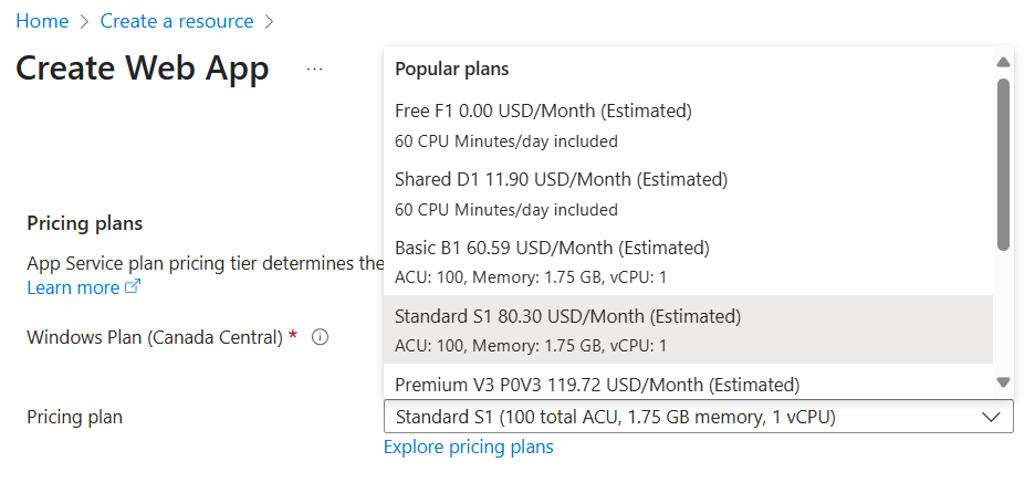 Review estimated cost for each pricing tier in the portal
