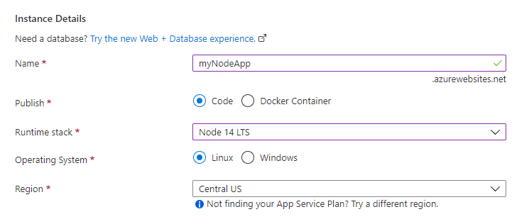 Screenshot of the Instance details section where you provide a name for the virtual machine and select its region, image and size