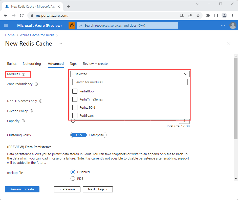 Screenshot of advanced tab showing a list of modules to add to a new cache. 