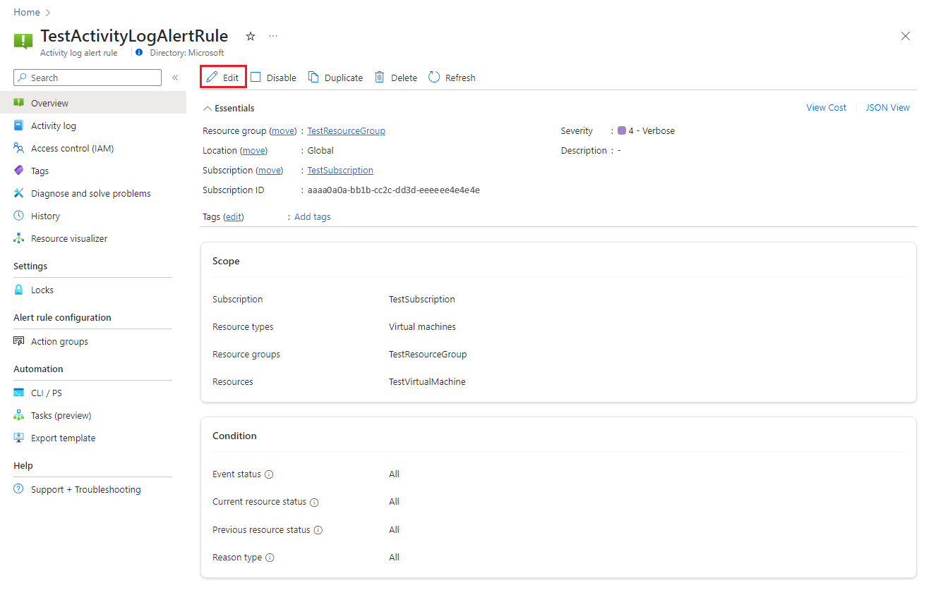 Screenshot that shows steps to edit an existing activity log alert rule.