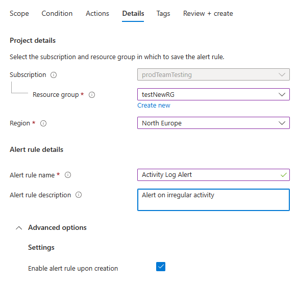 Screenshot that shows the Details tab for creating a new activity log alert rule.