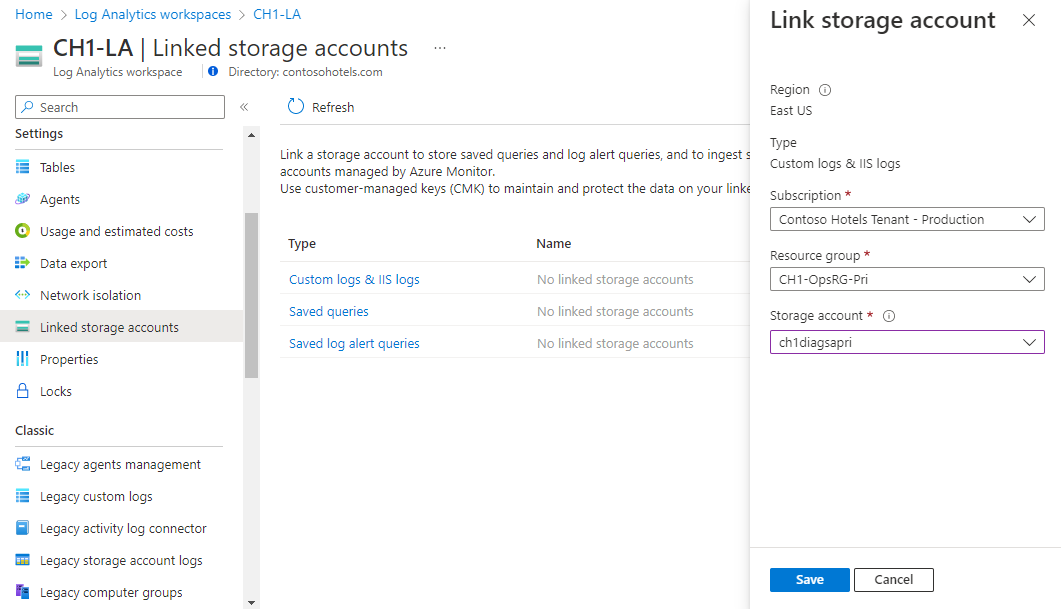 Screenshot that shows the Link storage account pane.