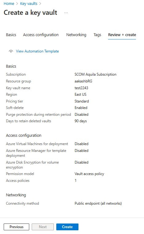 Screenshot that shows the tab for reviewing selections before you create a key vault.