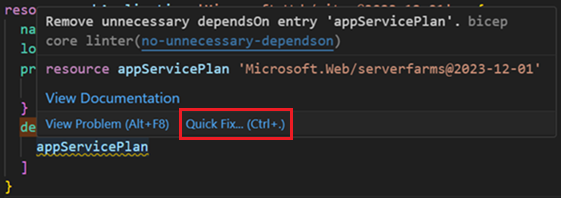 The screenshot of No unnecessary dependson linter rule with quick fix.