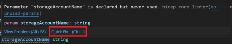 The screenshot of No unused parameters linter rule quick fix.
