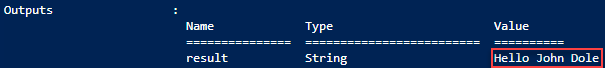 Screenshot of Resource Manager template deployment script hello world output.