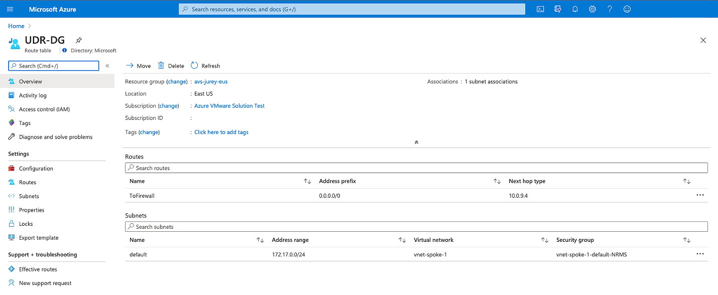 Screenshot showing the route tables to direct traffic to Azure Firewall.