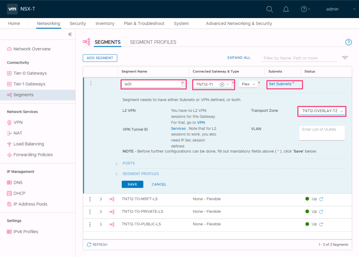 Screenshot showing the Segments details for adding a new NSX-T network segment.