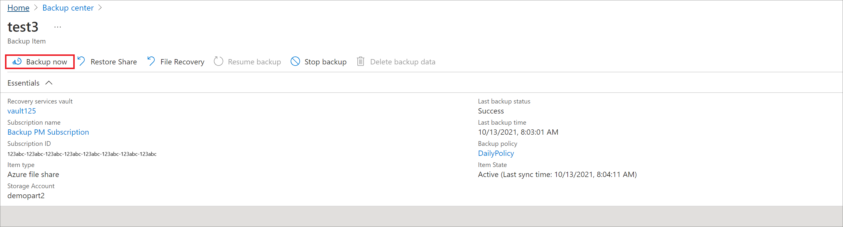 Screenshot showing to select Backup now.