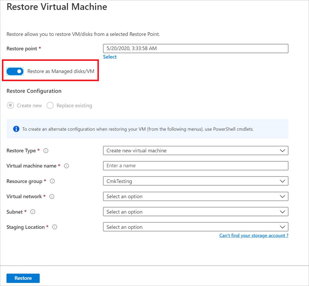 Restore as managed disks