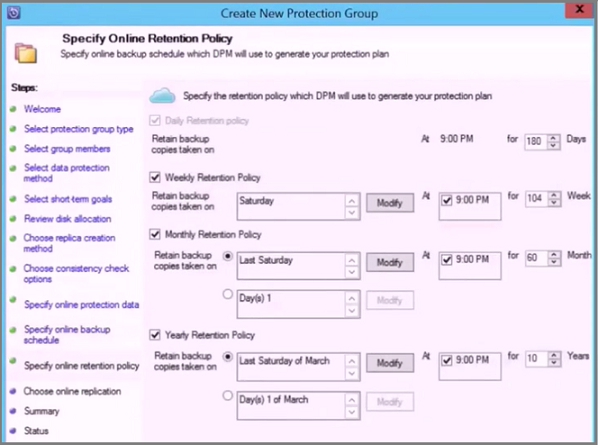 Screenshot shows how to specify the online retention policy.