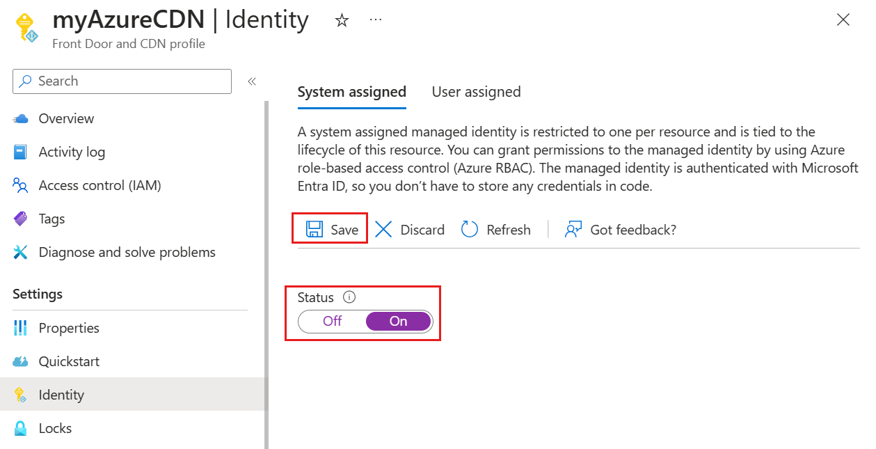 Screenshot of the system assigned managed identity configuration page.