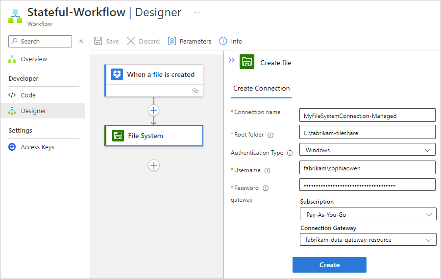 Screenshot showing connection information for File System managed connector action.