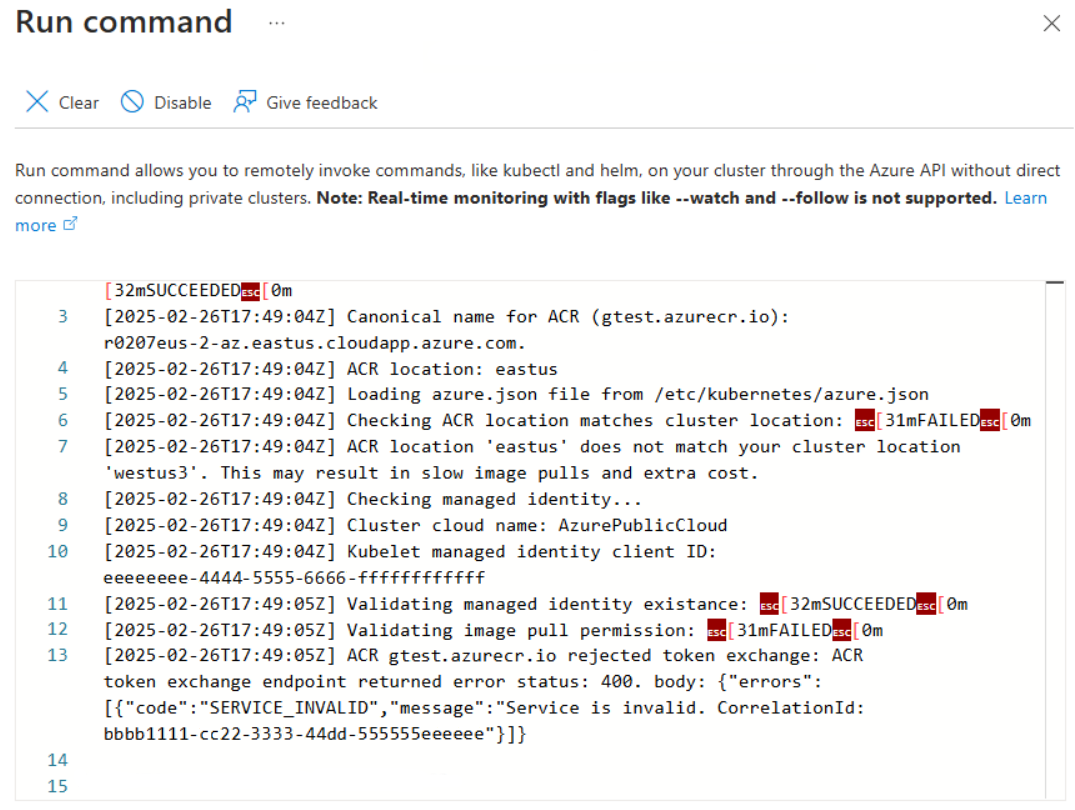 Screenshot showing log information in the Run Command pane.