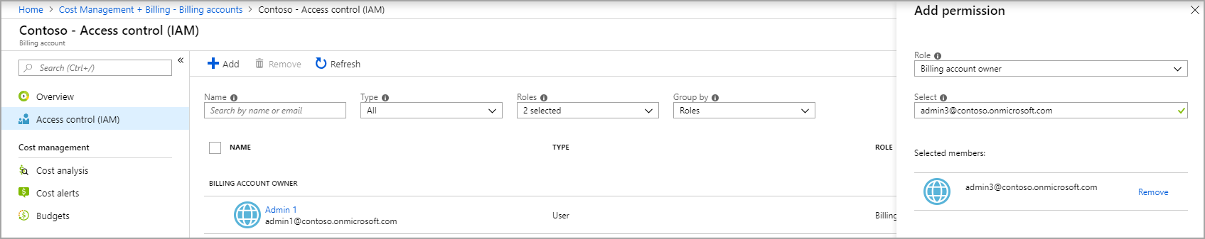 Screenshot that shows adding an admin to a billing account.