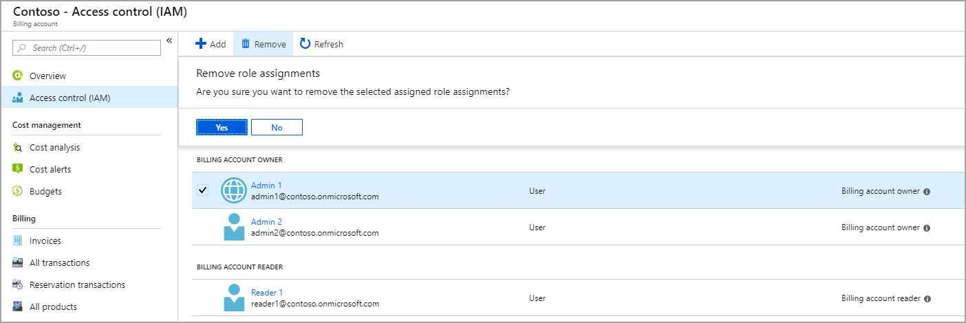 Screenshot that shows removing an admin from a billing account.