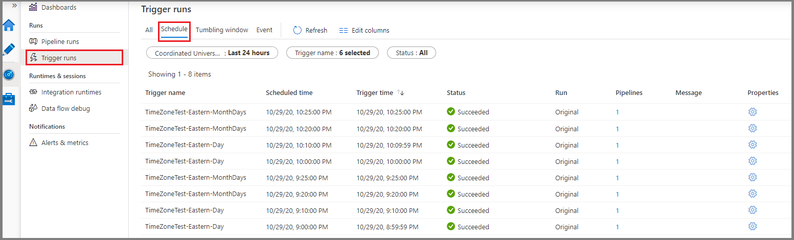 Screenshot that shows monitoring the schedule for trigger runs in Data Factory.