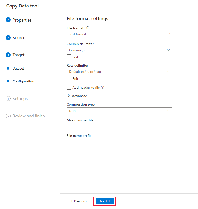 Specify sink format page