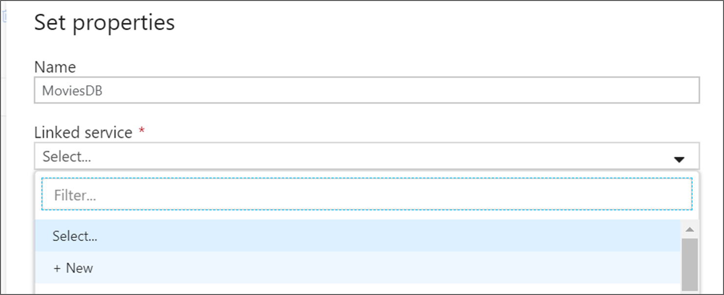Screenshot that shows the Linked service dropdown list.