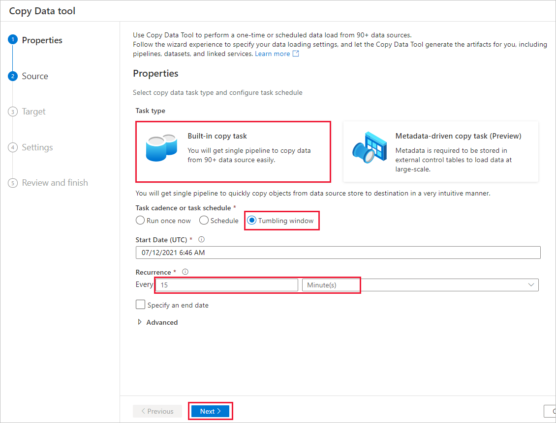 Copy data properties page