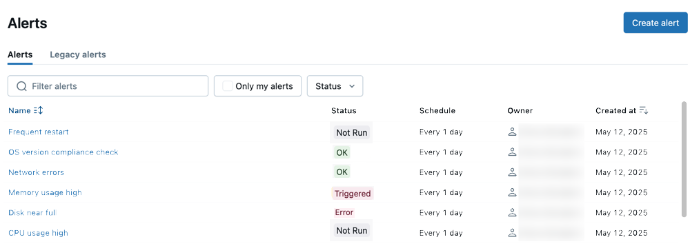 The alerts listing page.