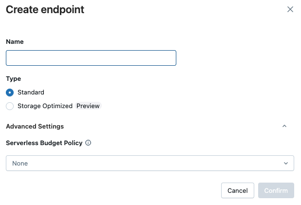 Create vector search endpoint dialog.