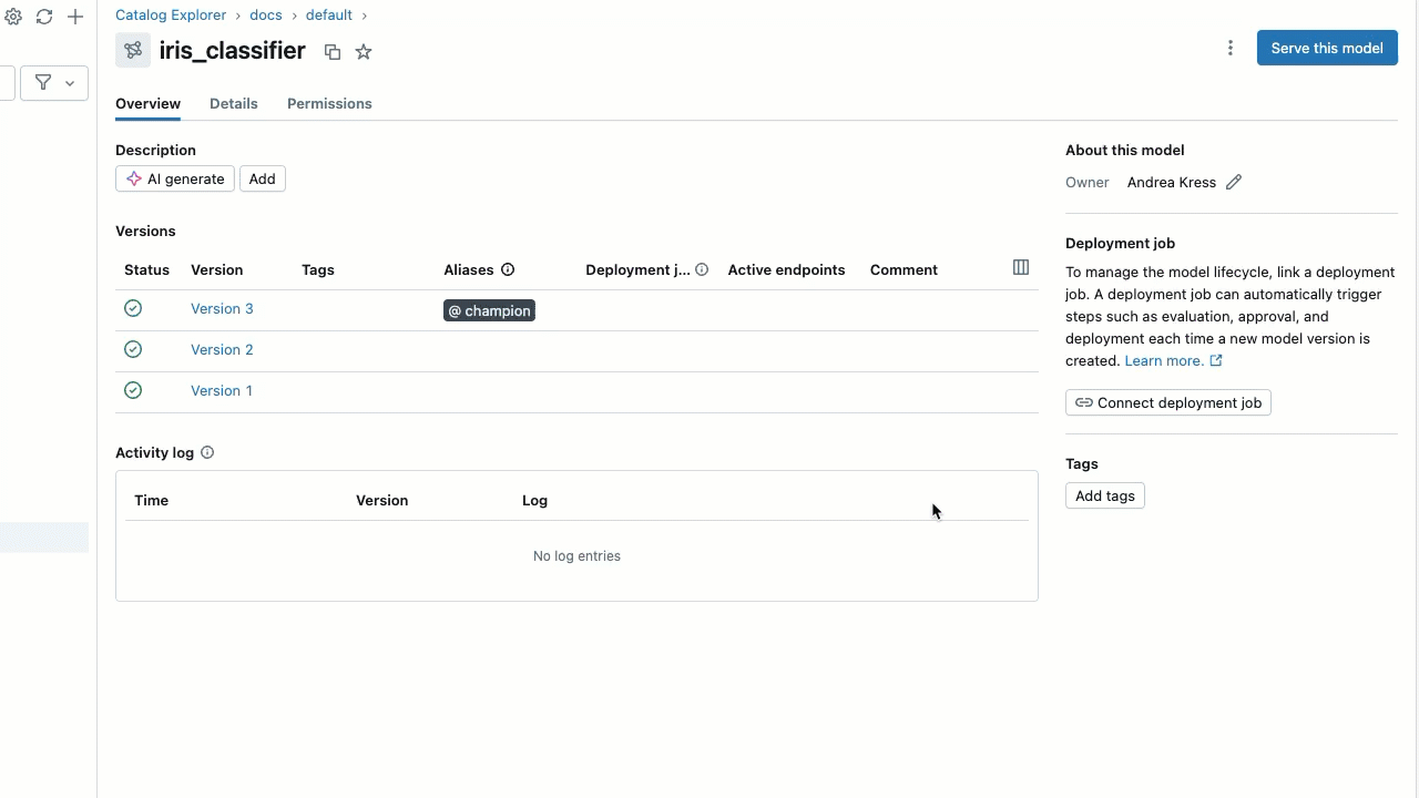 How to remove an alias from a model version on the model details page.