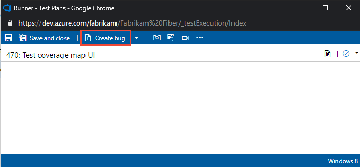 Screenshot to add a bug from Test Runner, Create bug feature.