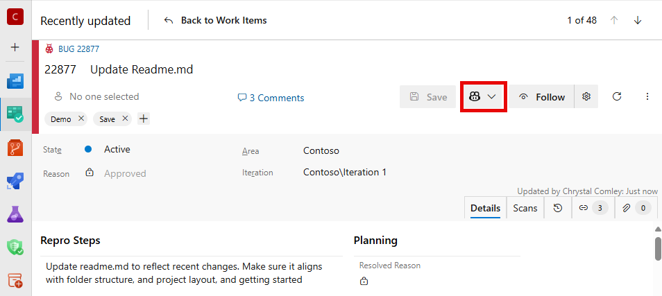 Screenshot showing highlighted GitHub Copilot icon in work item.