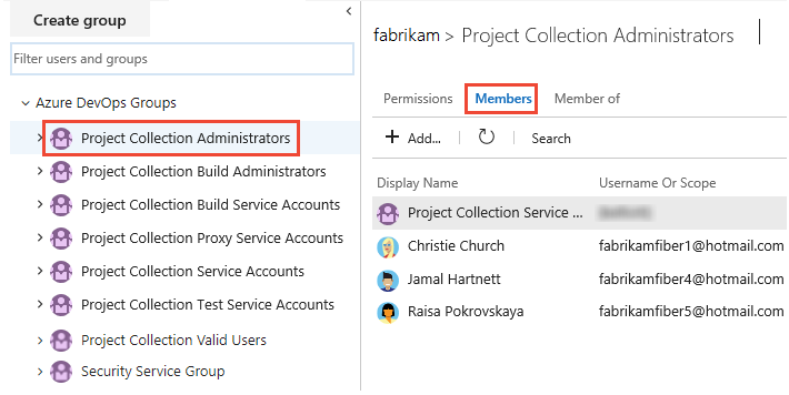 Screenshot of Security, Project Collection Administrators group, Members tab.