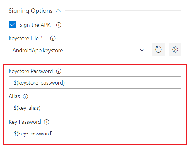 Screenshot that shows Android signing input values.