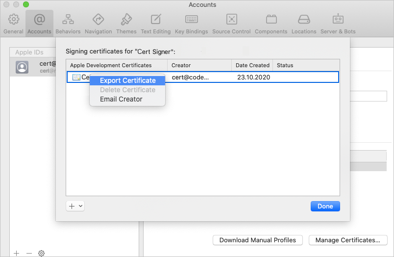 Screenshot of exporting a certificate using Xcode.