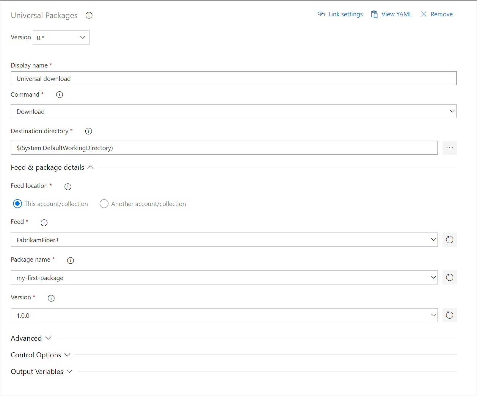 A screenshot showing how to download a Universal Package with classic pipeline.