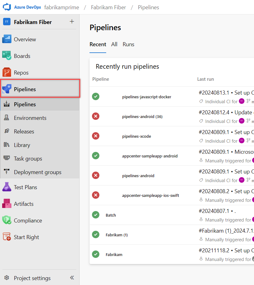 Azure Pipelines landing page