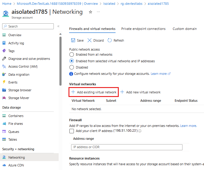 Screenshot that shows the resource group networking page with add existing virtual network highlighted.