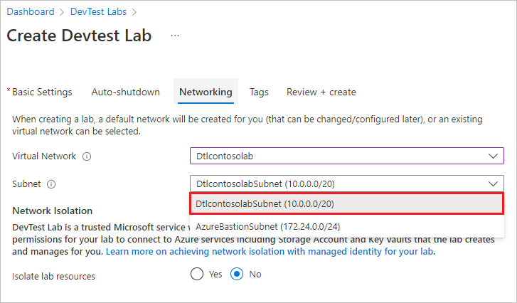 Screenshot that shows selecting a subnet and selecting Yes for network isolation.