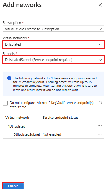 Screenshot that shows the Networking page for the key vault.