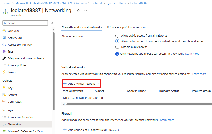 Screenshot that shows enabling a virtual network and subnet in a key vault.