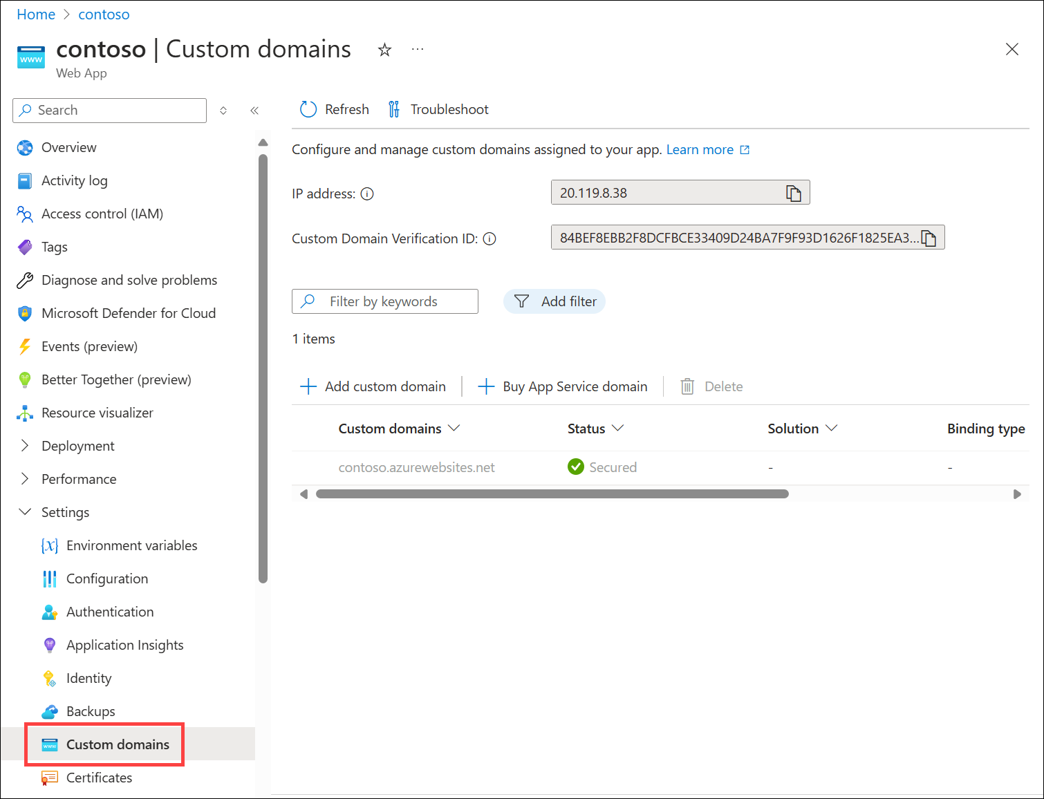 Screenshot of Azure App Service Custom domains page showing the web app I P address.