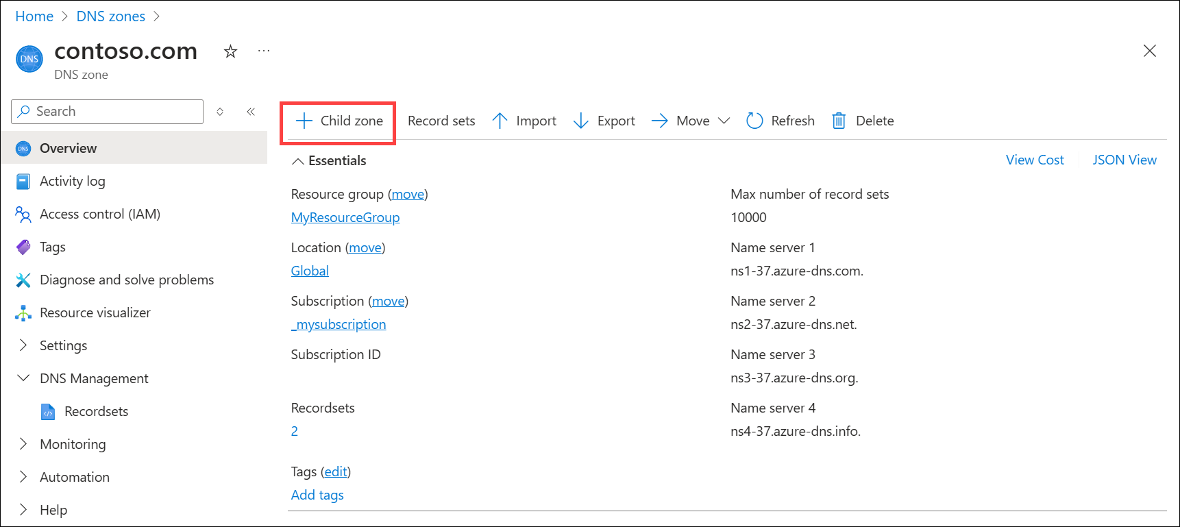 Screenshot of Azure DNS zone showing the Add child zone button.